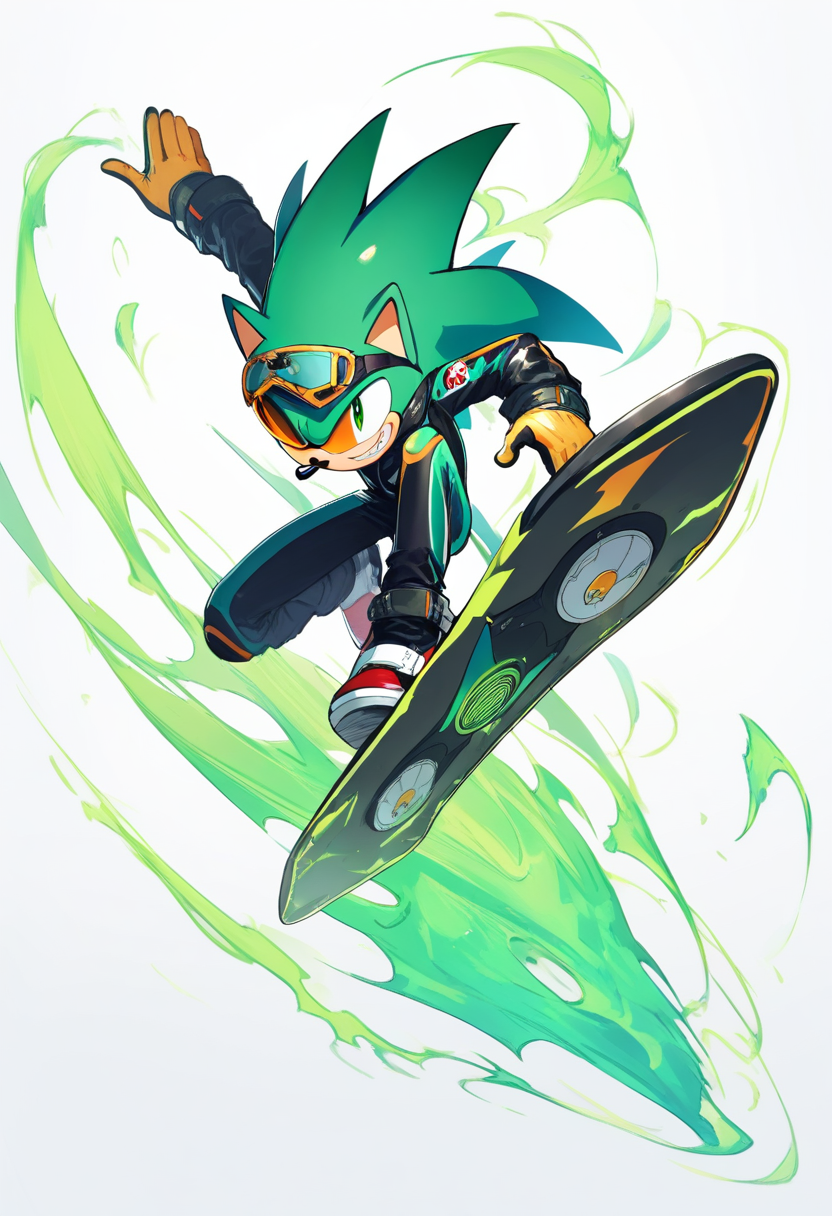 An anthropomorphic green hawk with sharp feathered crest, extreme gear hoverboard, orange goggles, wind energy aura, racing suit
