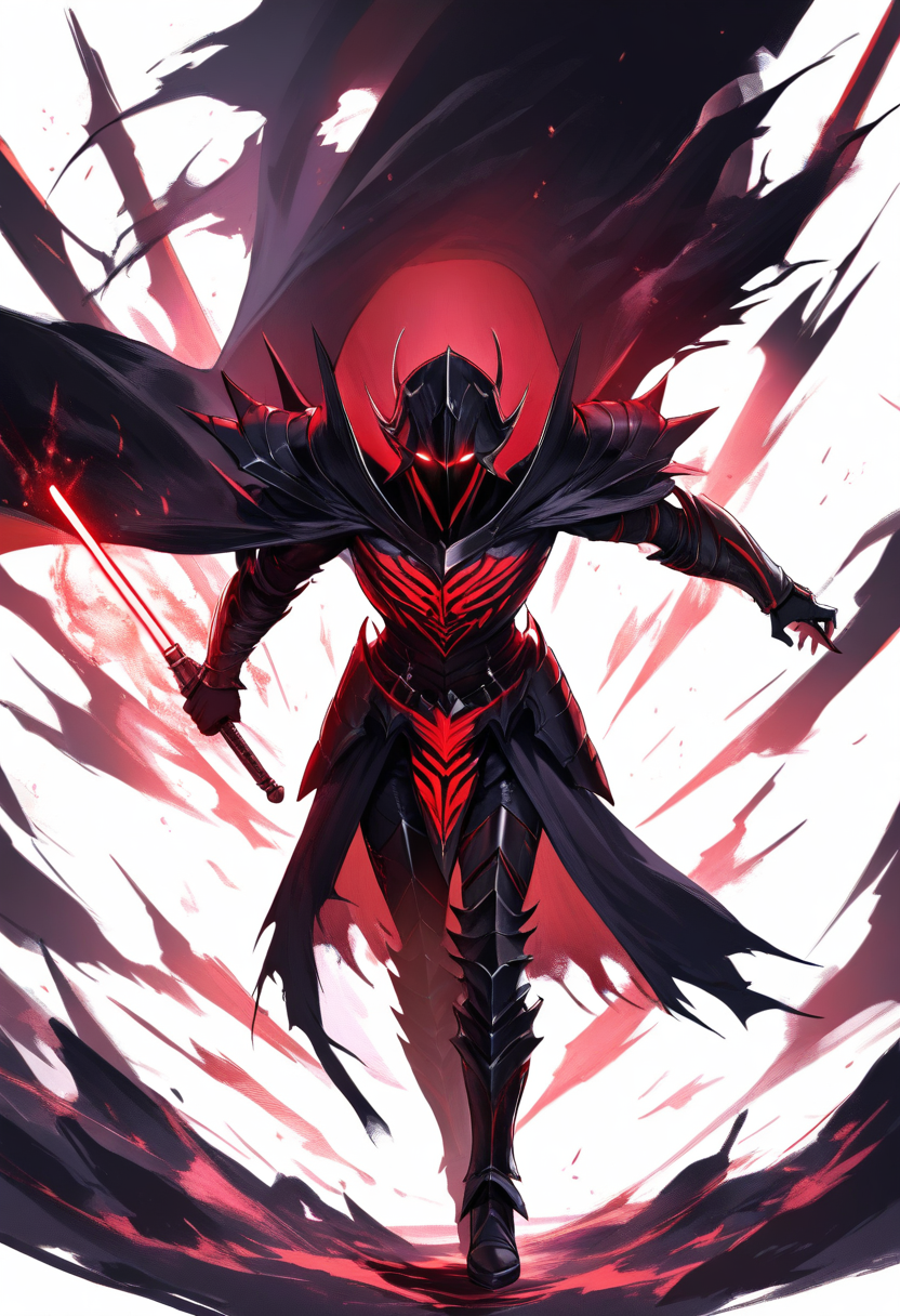 A menacing Sith lord in dark armor with a black cape, wielding a red lightsaber, glowing red eyes and scarred face