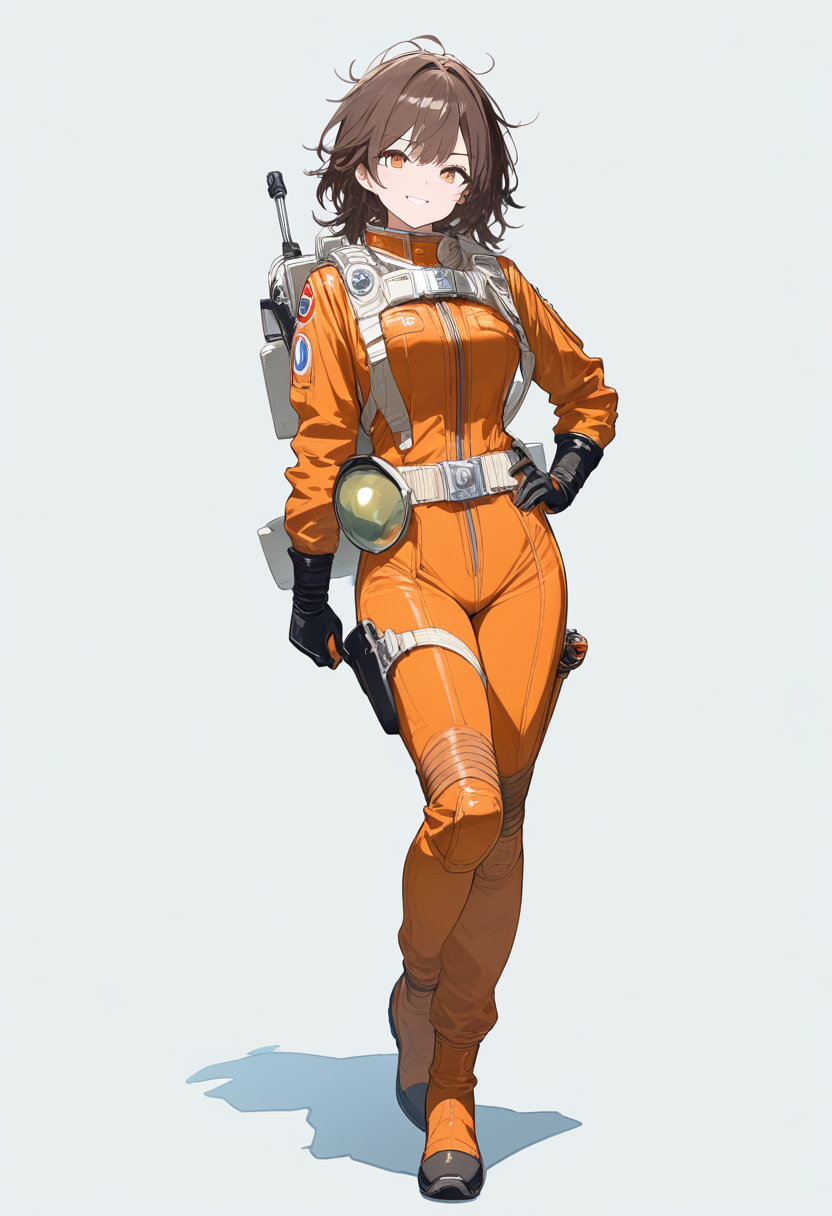 A confident rebel pilot in an orange flight suit, carrying a helmet under her arm, short messy hair and a blaster holster