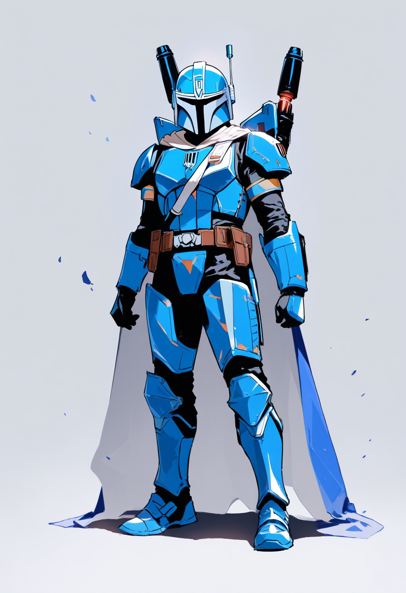 A Mandalorian warrior in battle-worn beskar armor with jetpack and cape, standing tall with twin blasters