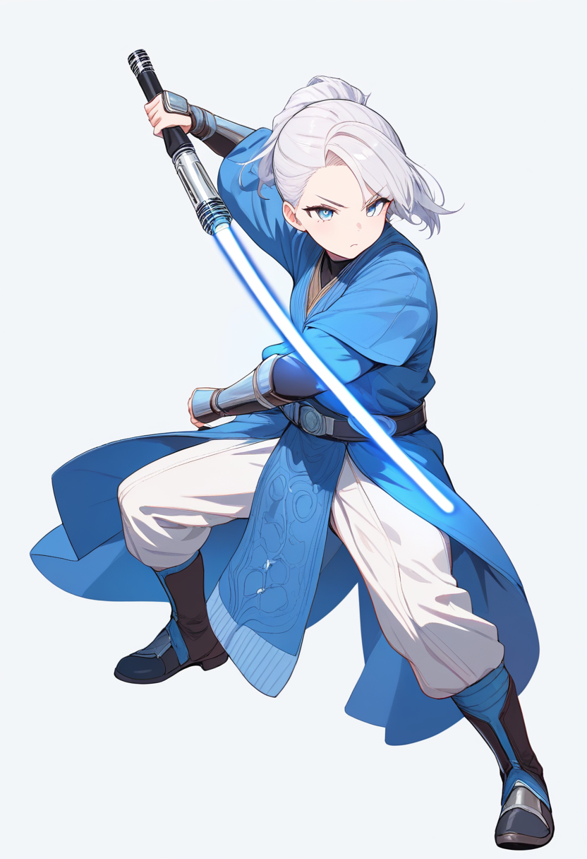A Jedi padawan in white and blue robes wielding dual blue lightsabers, short silver hair and focused expression