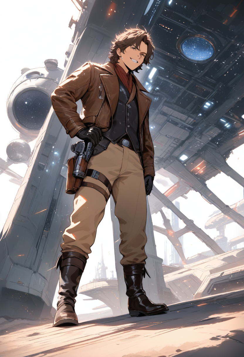 A roguish smuggler in a leather jacket with a blaster pistol, messy brown hair and a scarf, relaxed casual pose