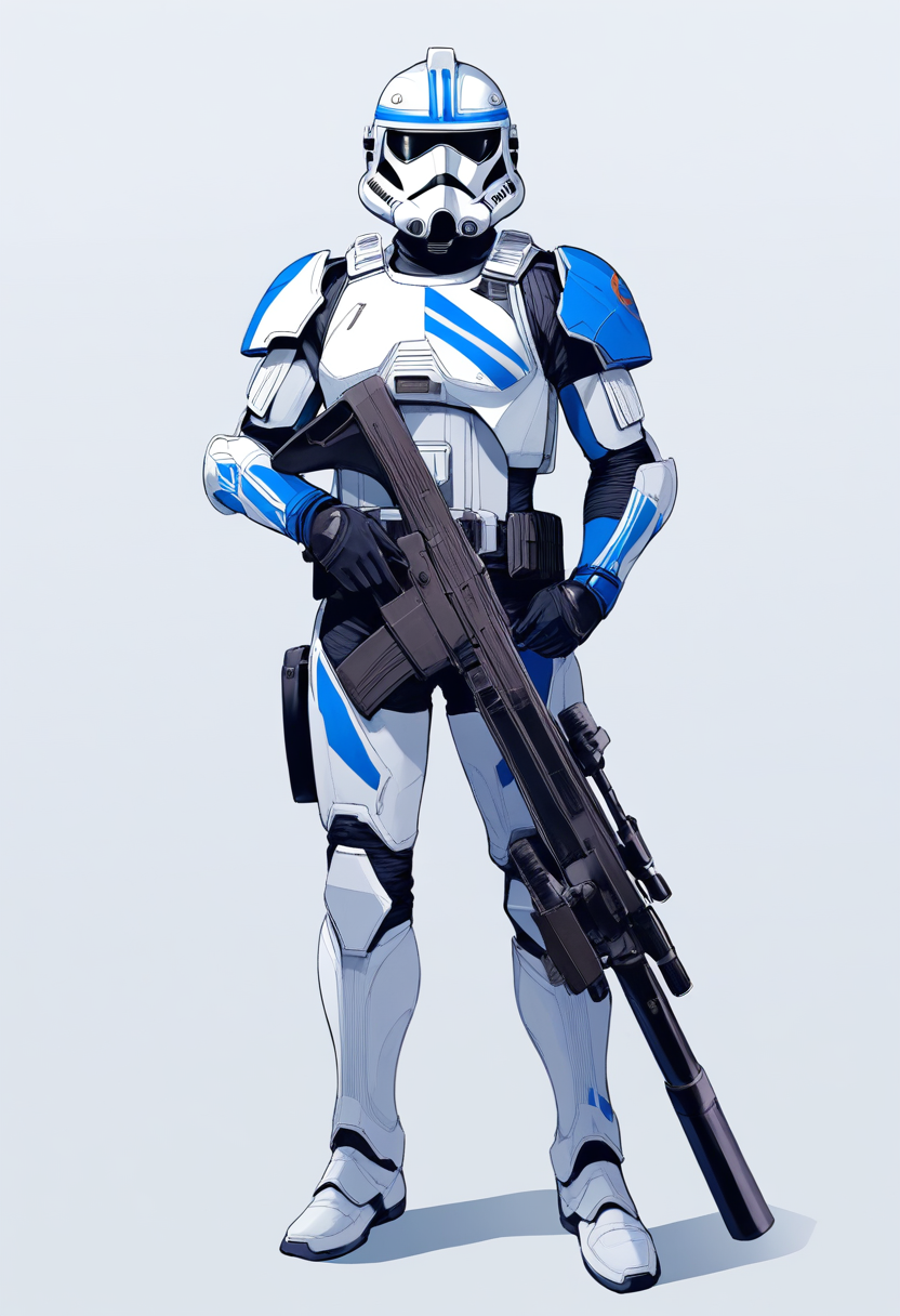 A clone trooper officer in customized white and blue armor, helmet off revealing buzz cut hair and battle scars