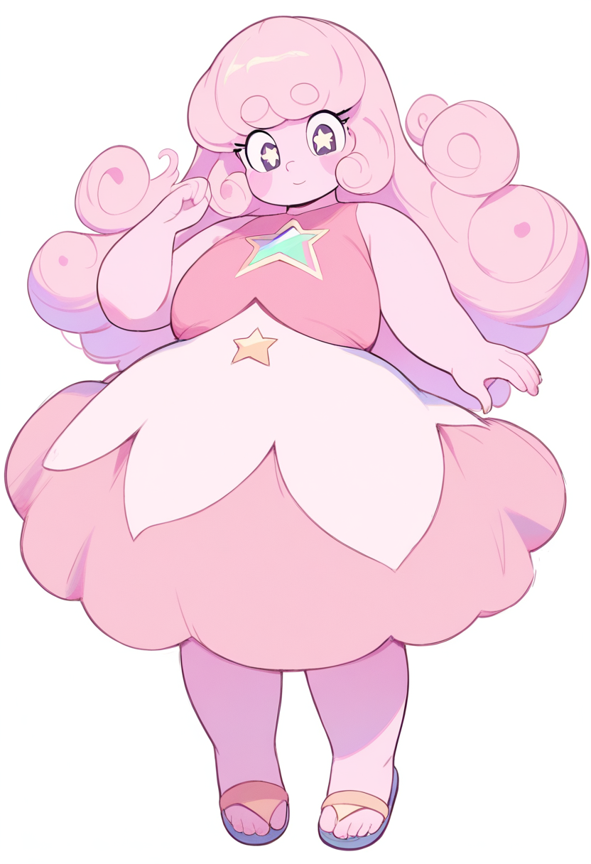 A gem character with light pink skin, rose quartz gem on forehead, fluffy curly pink hair, flowing white dress in a pastel crystal temple