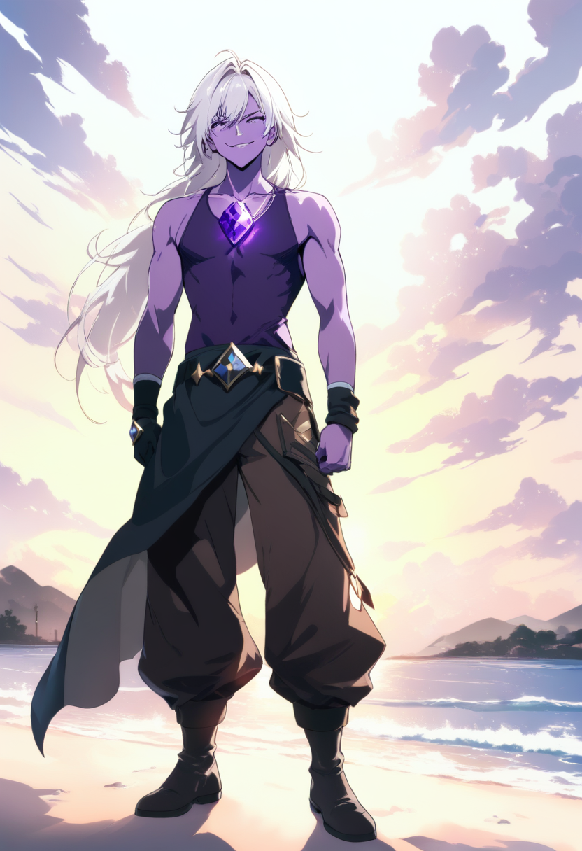 A gem character with purple skin, amethyst gem on chest, wild long white hair, sleeveless purple tank top, confident smirk at beach sunset