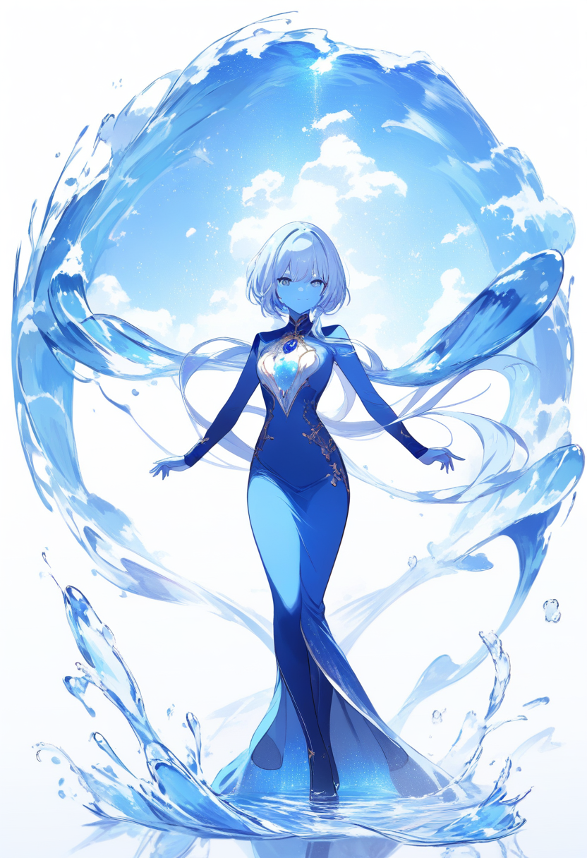 A lapis lazuli gem character with blue skin, water wings made of flowing ocean, blue dress, melancholic expression by an ocean mirror