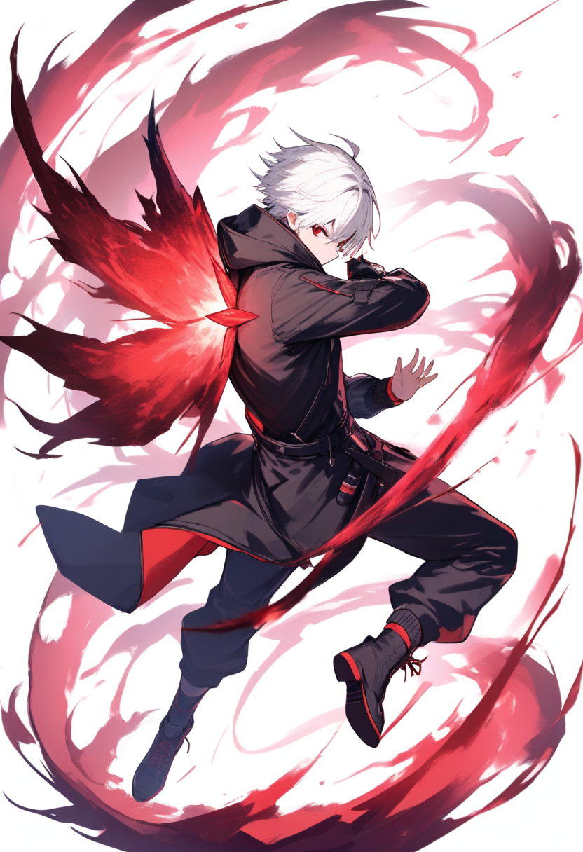 A ghoul with red tentacle-like kagune from back, white hair, red and black kakugan eyes, dark urban outfit in a battle stance
