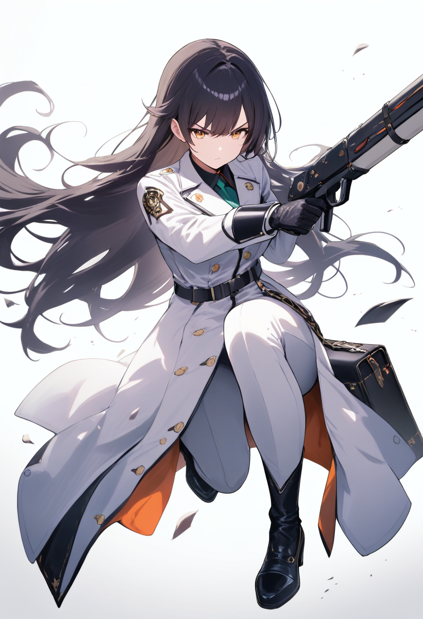 A ghoul investigator in white coat with quinque briefcase weapon, professional suit, long black hair, combat ready pose