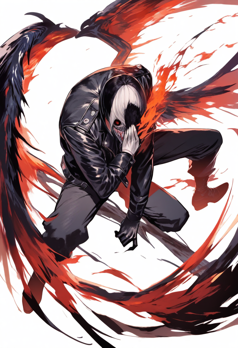 A one-eyed ghoul with half mask, black leather jacket, single kakugan eye, ukaku kagune wings in an aggressive pose