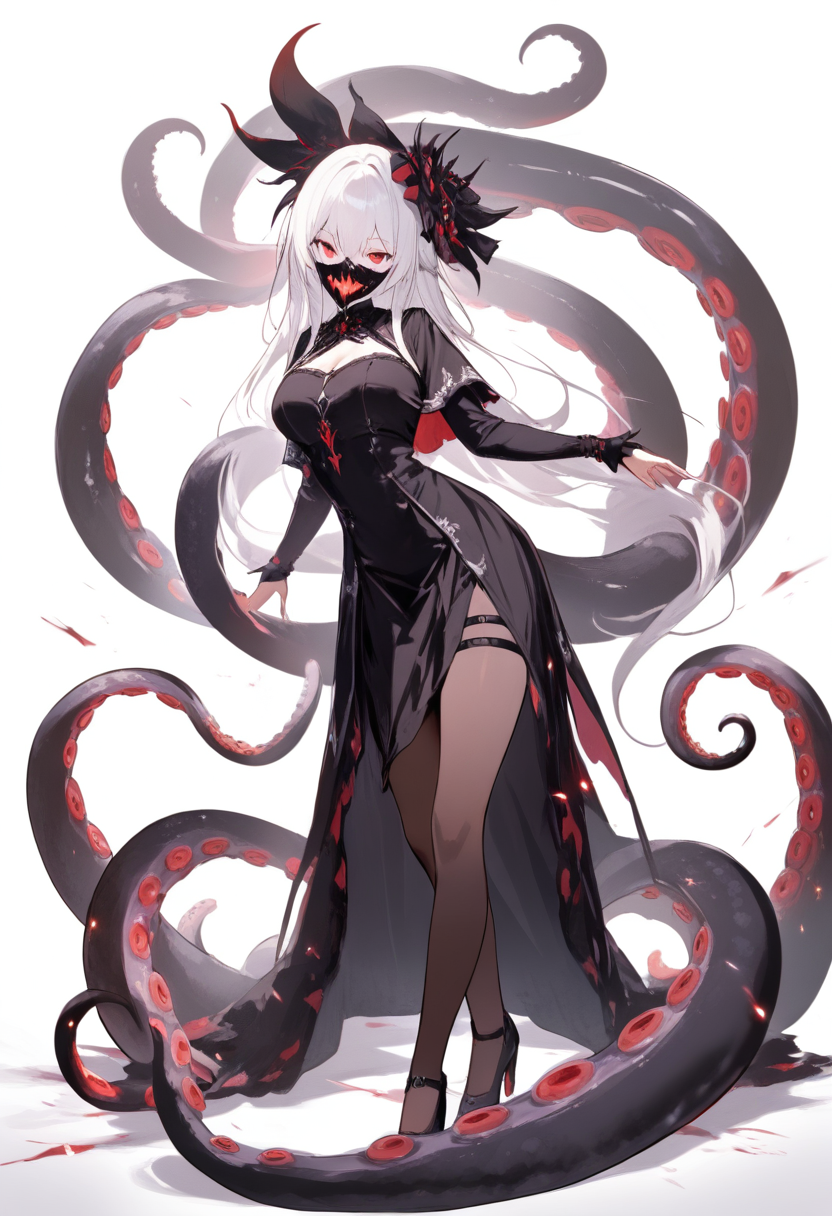 A ghoul with mask and rinkaku kagune tentacles, gothic black dress, long white hair, red eyes in a dark elegant pose