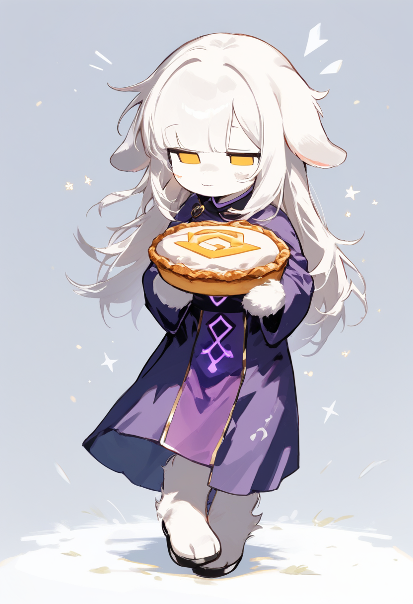 A kind monster girl with white fur and floppy ears, wearing purple robes, gentle smile, standing in an underground cavern with glowing crystals