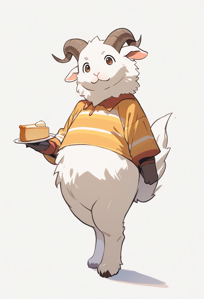 A goat monster boy with small horns and white fur, green and yellow striped shirt, holding butterscotch pie in a warm firelit home