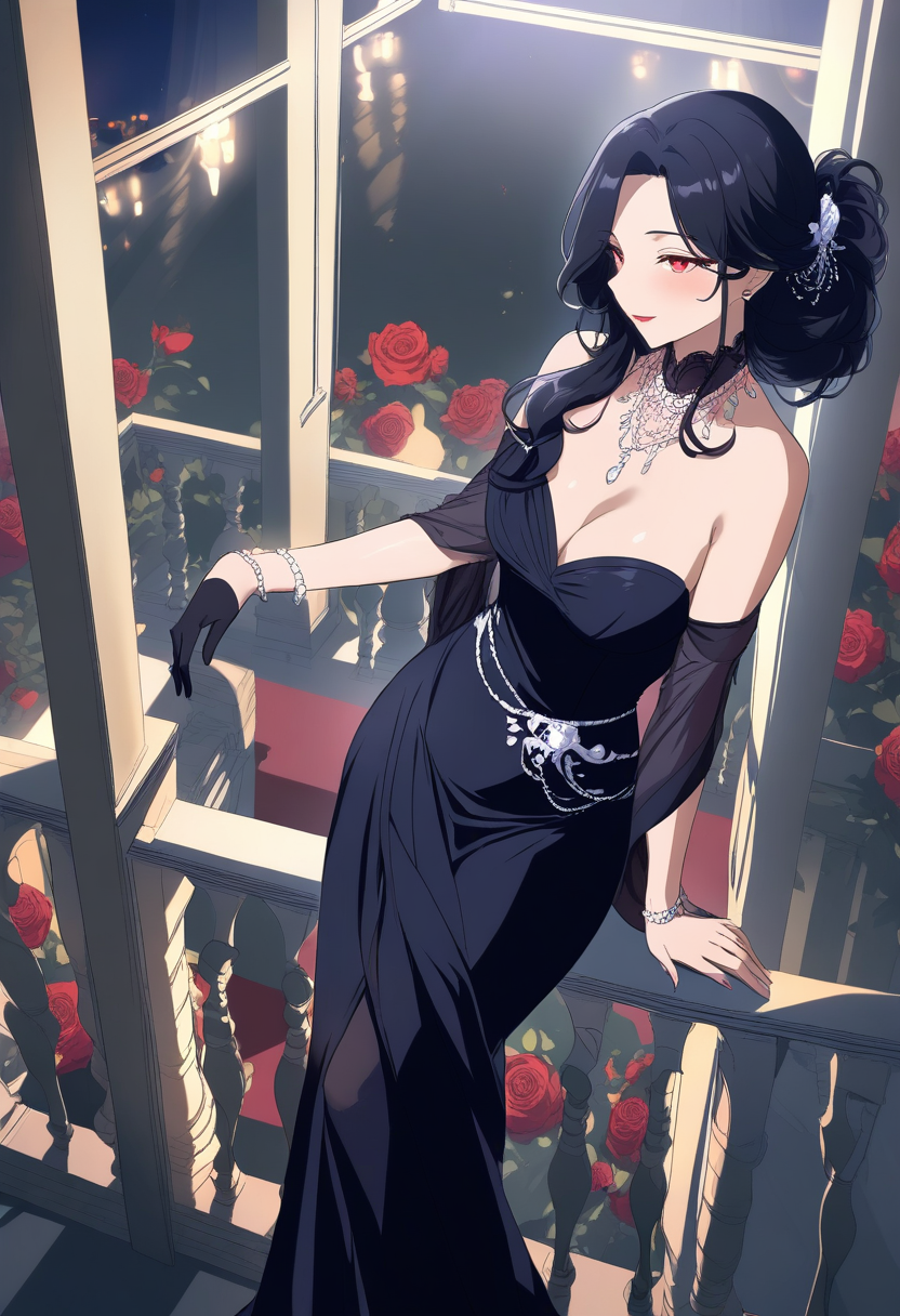 An elegant anime lady with flowing midnight-black hair, crimson eyes, wearing a silk evening gown, moonlit balcony with roses