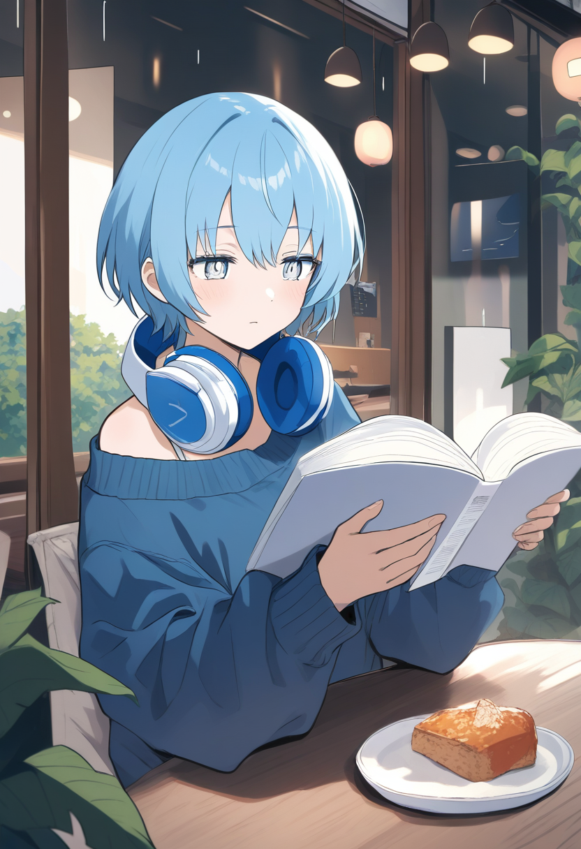 A kuudere anime girl with short ice-blue hair, calm pale eyes, headphones around neck, oversized sweater, reading in a rainy cafe