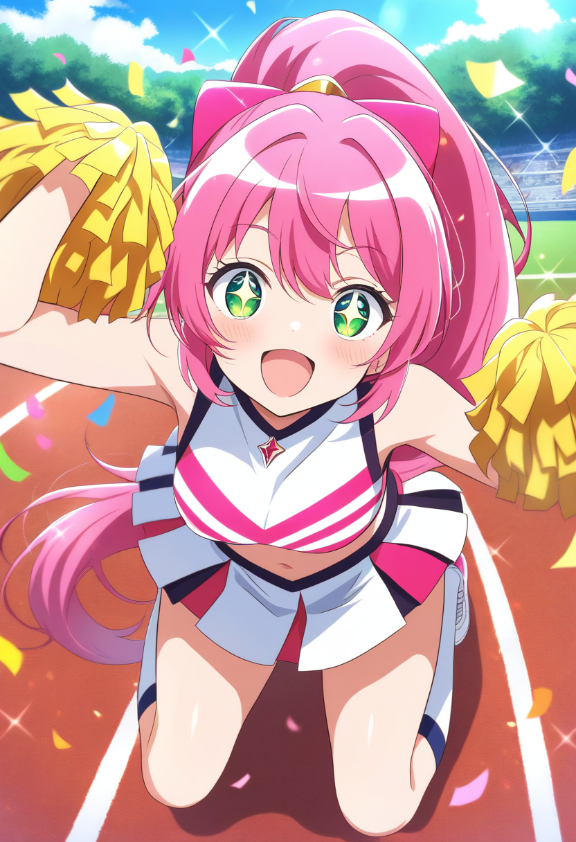 A genki anime girl with bright pink hair in a high ponytail, sparkling green eyes, cheerleader outfit, energetic jumping pose, sunny day