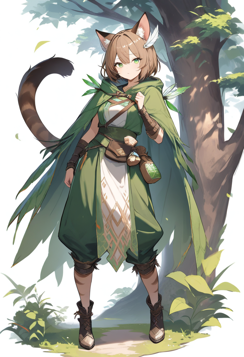 A catgirl with orange tabby ears and tail, green eyes, leaf-patterned tunic, holding an herb bundle in a lush forest glade