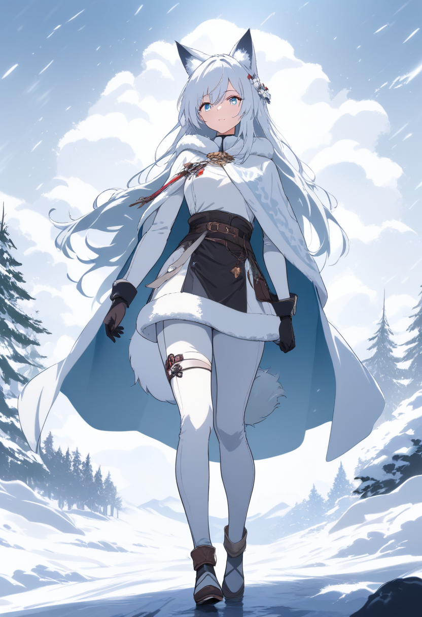 A catgirl with silver-blue fur ears and fluffy tail, ice blue eyes, white pelt cloak in a snowy pine forest blizzard