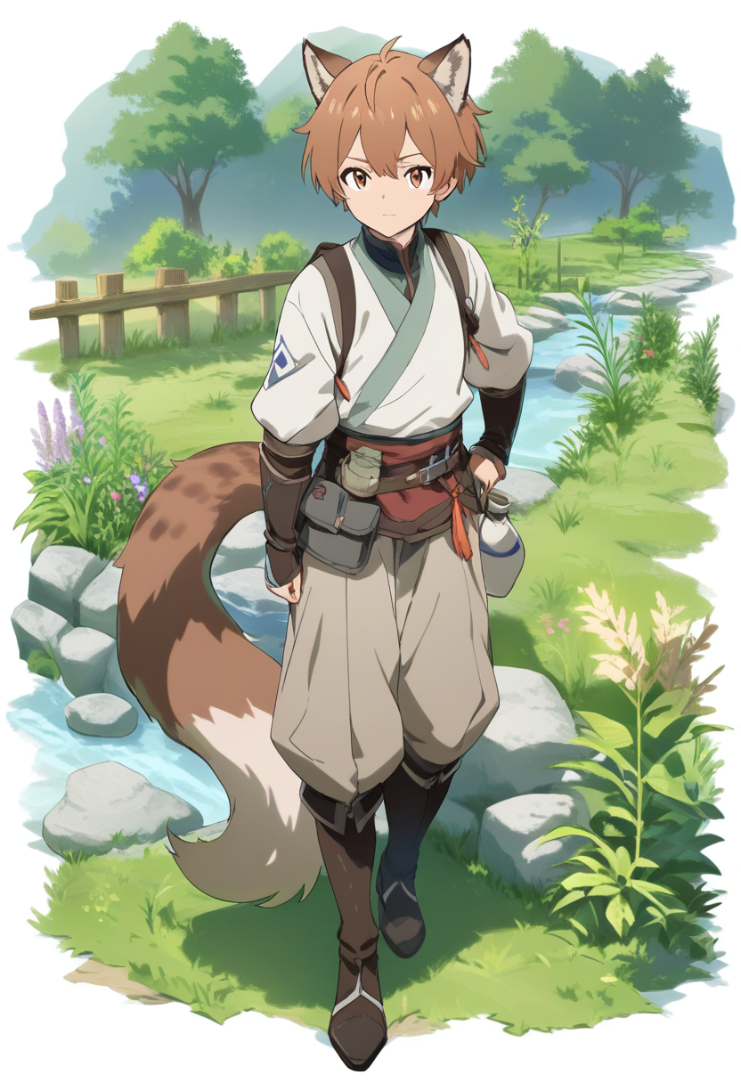 A catboy with brown tortoiseshell ears and tail, warm hazel eyes, medicine pouch on hip, gentle expression by an herb garden stream