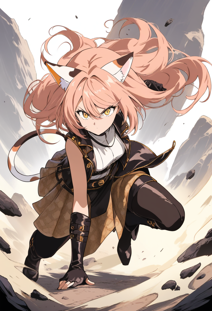 A catgirl with calico pattern ears and tail, fierce golden eyes, battle-scarred leather vest, crouched in attack stance on rocky moorland