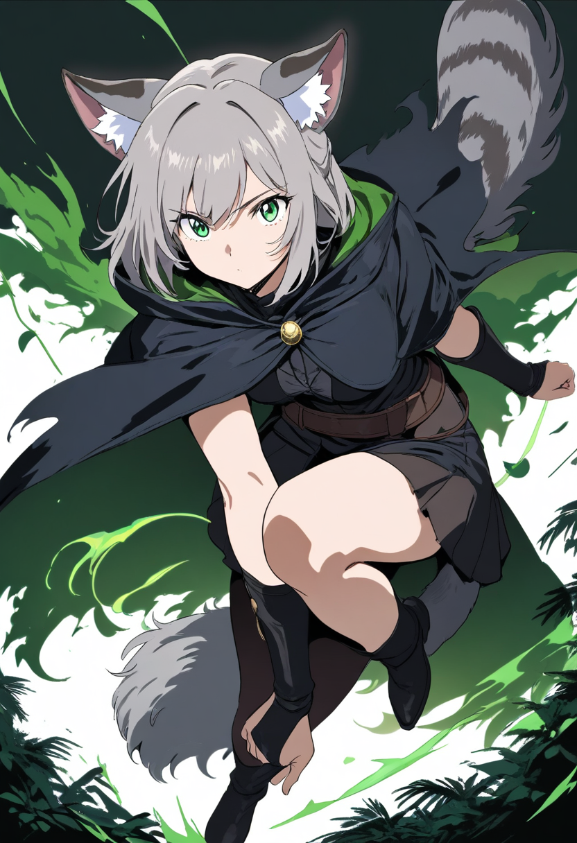 A catgirl with dark grey tabby ears and bushy tail, mysterious green eyes, shadowy cloak, stealthy pose in a dark pine forest at night