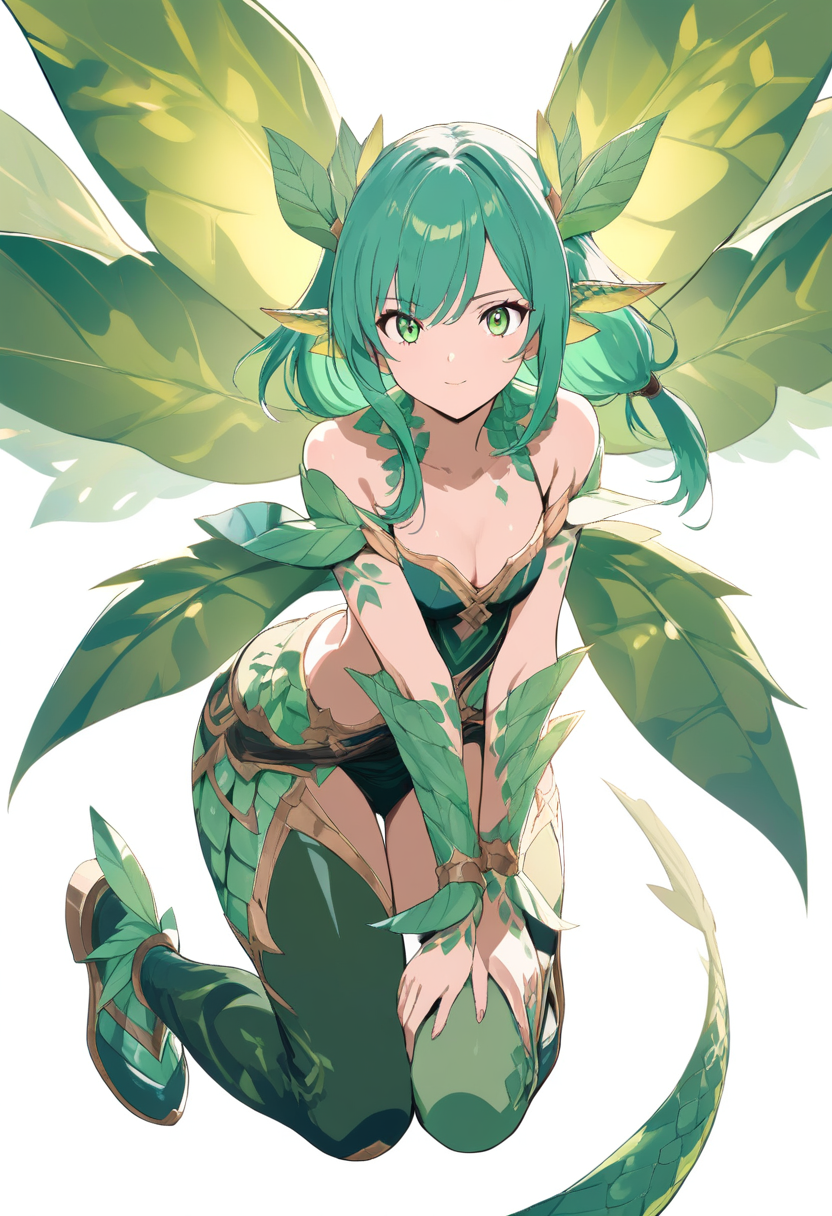 A dragon girl with vibrant emerald scales, leaf-shaped wings, bright green eyes, floral vine markings in a lush rainforest canopy